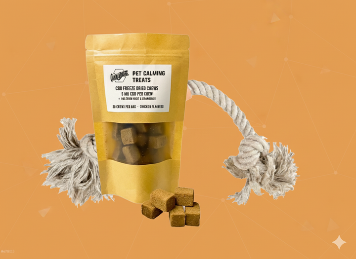 Pet calming treats with a 10 to 12 inch rope toy on an orange background