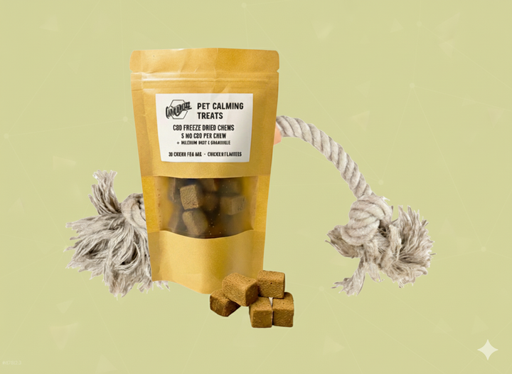 Bag of pet calming treats with a rope toy on a light green background